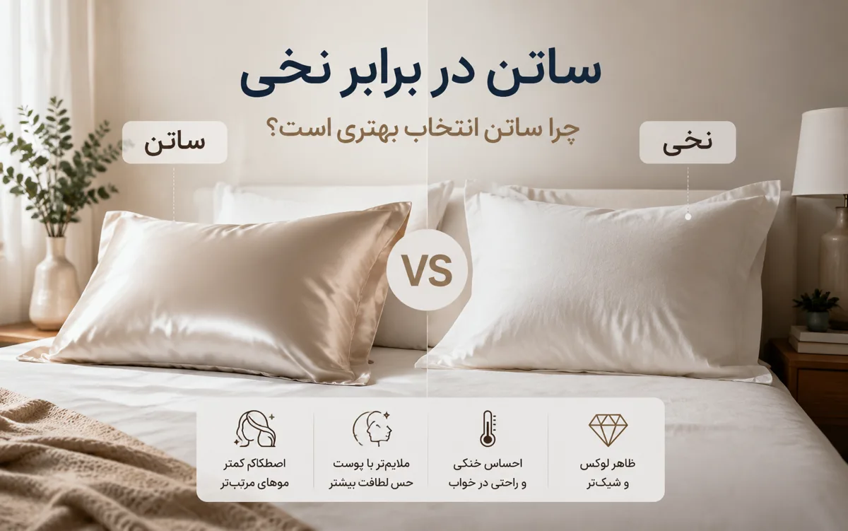 روبالشی ساتن براق در کنار روبالشی نخی روی تخت خواب با دکوراسیون آرام و مینیمال